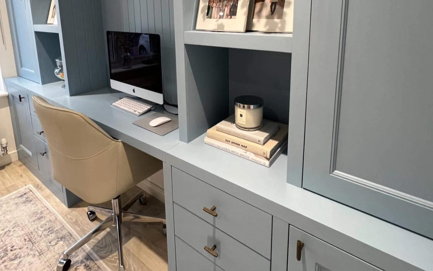 Custom made home office with drawers, cupboards, shelves and computer workspace